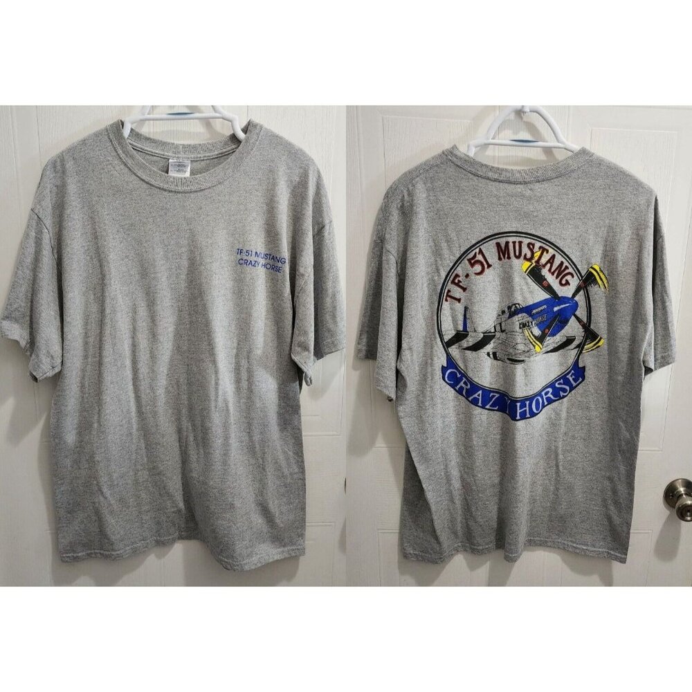 TF-51 Mustang Crazy Horse WWII Fighter Bomber Aviation S/S‎ Gray Graphic Shirt L
